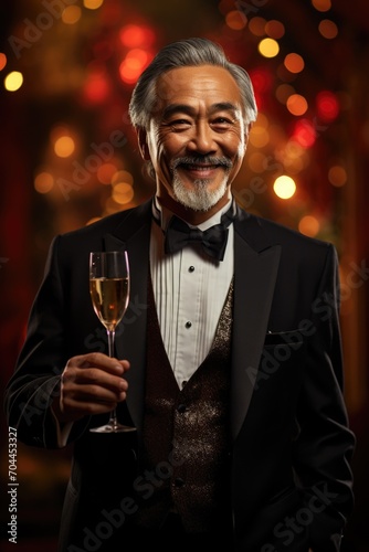 Portrait of an Asian man in a tuxedo toasting Chinese New Year