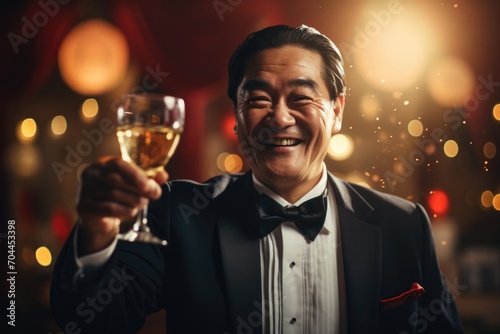 Portrait of an adult businessman with a glass raised in a toast.