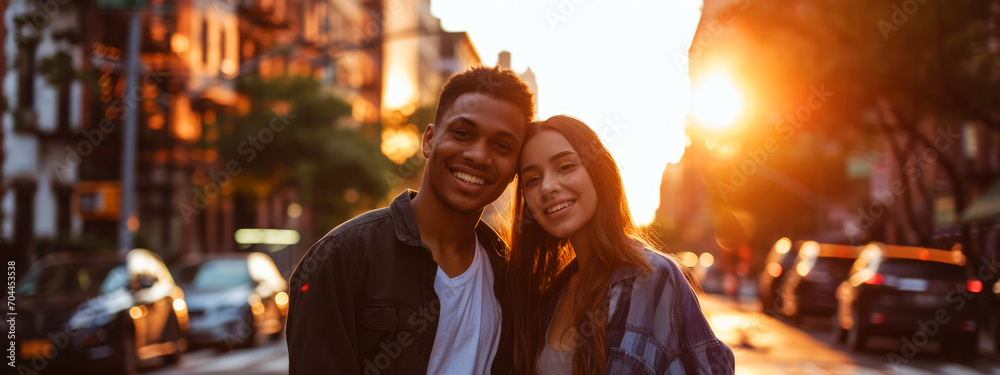 Fototapeta premium Portrait of a young mixed race couple in the city at sunset.