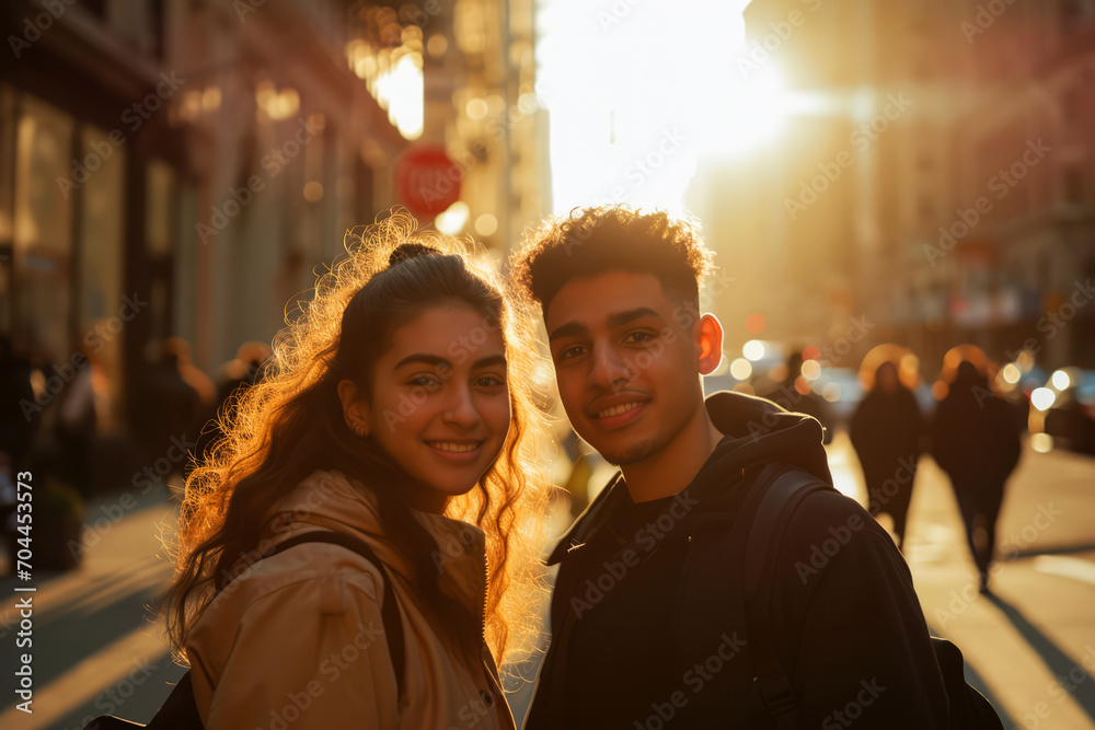 Portrait of happy young couple walking in the city at sunset.
