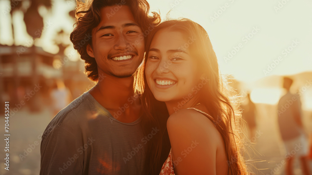 Portrait of a young mixed race couple in the city at sunset.