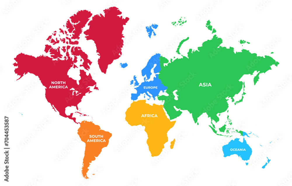 Fototapeta premium Stylized world map with continents. World map in different colors in a simple and modern style.