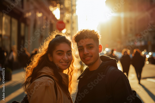 Portrait of happy young couple walking in the city at sunset.