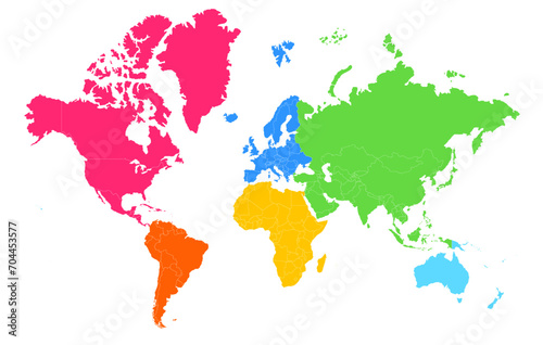 Stylized world map with continents and countries. World map in different colors in a simple and modern style.