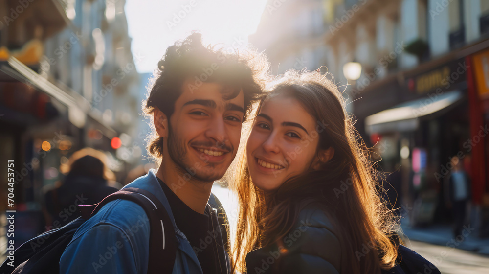 Fototapeta premium Young couple walking in the city on a sunny day. Man and woman are smiling in the streets of Paris