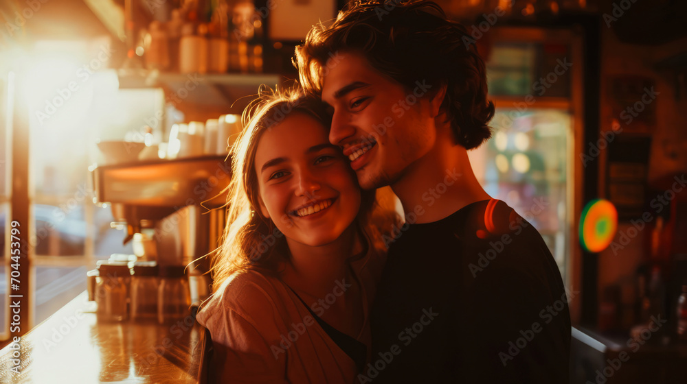 Portrait of a young couple smiling in a cafe in the sunlight, looking at camera.
