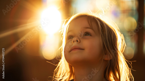 Portrait of a beautiful little girl in the rays of the setting sun.