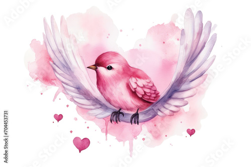 Watercolor bird with pink cloud and hearts isolated