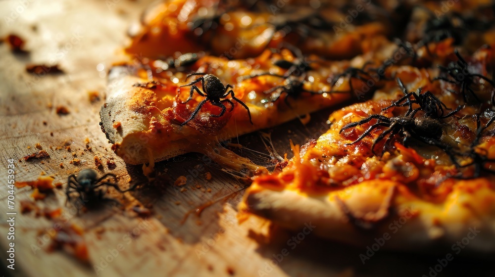 photo of a piece of pizza with dead spiders on it as toppings