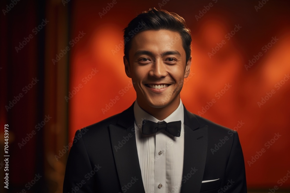 A New Year's Eve portrait featuring a cheerful Asian man in formal attire. A New Year's Eve portrait featuring a cheerful Asian man in formal attire.