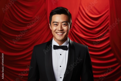  Asian man adorned in a tuxedo, wearing a smile on New Year's Eve.