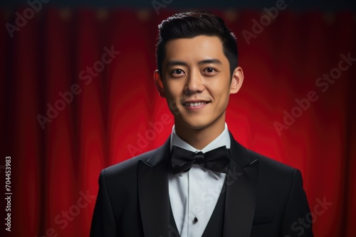  Asian man adorned in a tuxedo, wearing a smile on New Year's Eve.