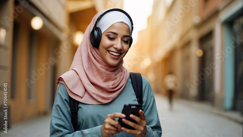 Joyful young muslim woman in hijab listening to music through headphones connected to cell phone while walking around the city center. photo