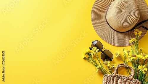 Straw hat, eco-friendly wicker bag, sunglasses, stere branches on yellow background with space for text, Straw hat and beach sunglasses on yellow background with shells and leaves, AI  photo
