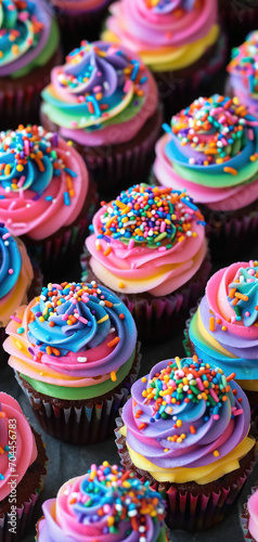 Rainbow colored frosted cupcakes with sprinkles. Phone background