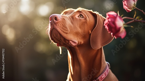 Charming red-haired,Dog holding a rose, dog with a flower photo