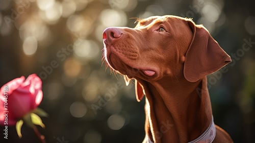 Charming red-haired,Dog holding a rose, dog with a flower