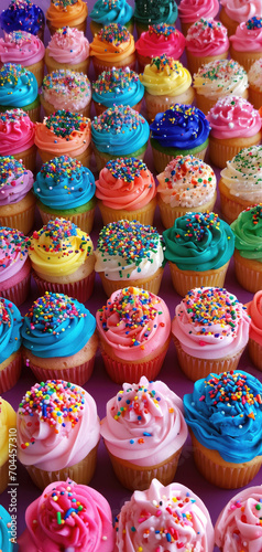 Rainbow colored frosted cupcakes with sprinkles. Phone background © MelissaMN