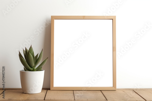 Empty frame mockup . with a light wood desk against a white wall © Pongsapak