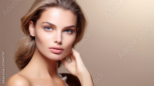 Beautiful young woman with healthy skin . Spa, skincare and wellness. advertising. Close up, copyspace. 