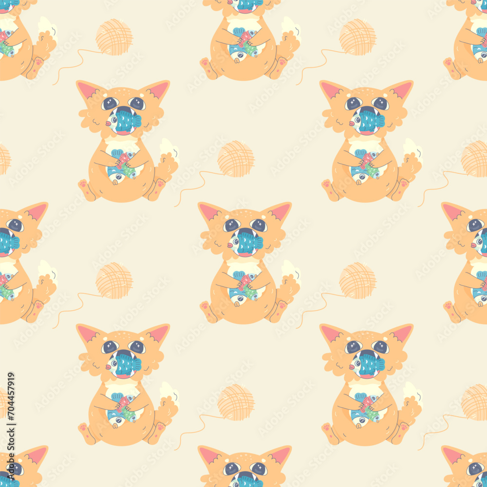 Seamless pattern cat full of fish and sleeping, vector illustration for fabric Seamless pattern cat full of fish and sleeping, vector illustration for fabric