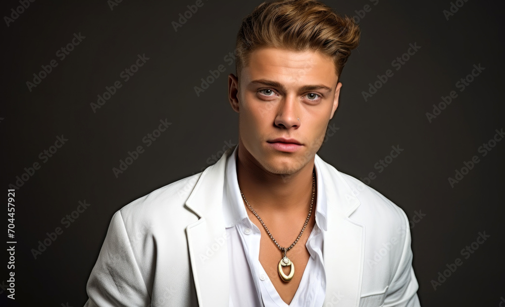 Portrait of a handsome young man in white coat on grey background Portrait of a handsome young man in white coat on grey background