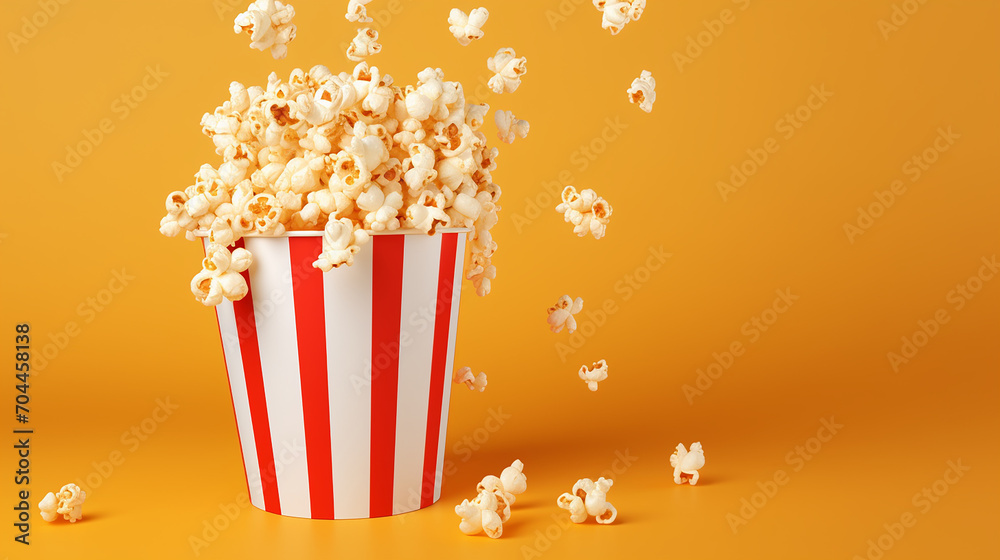 falling popcorn in box isolated on yellow background