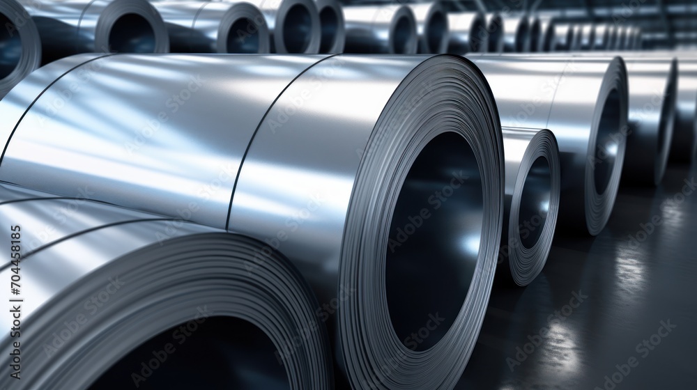 Close up of rolled steel sheets in a factory or warehouse Close up of rolled steel sheets in a factory or warehouse