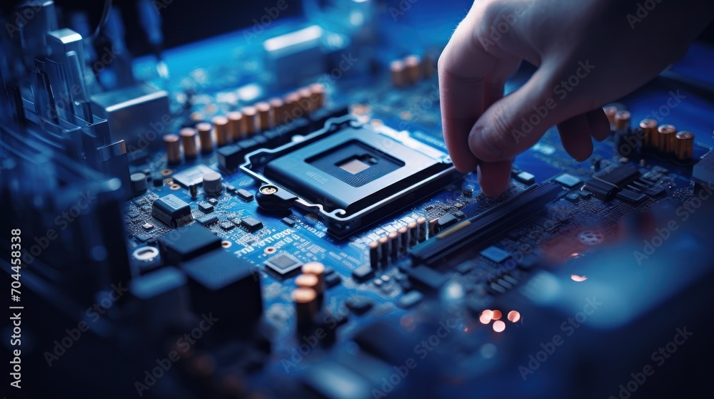 Close up The technician laying CPU in the motherboard socket Close up The technician laying CPU in the motherboard socket