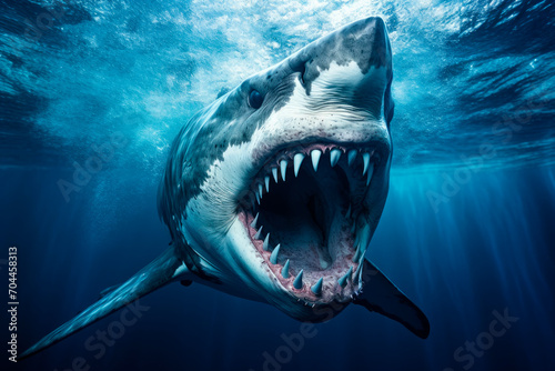 Shark with open toothy dangerous mouth with many teeth. © graja