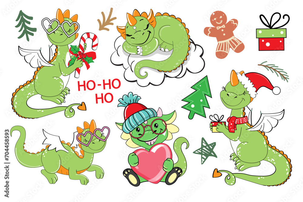 Fototapeta premium Beautiful set with cartoon Christmas dragons and gifts. Vector illustration for the new year. Chinese New Year symbol
