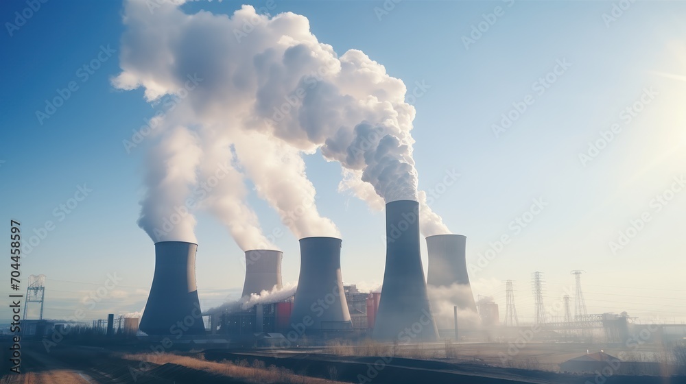Close up White smoke is pouring out of the chimneys of the power plant Close up White smoke is pouring out of the chimneys of the power plant