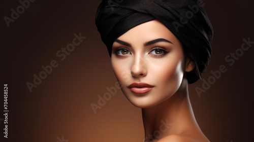 Beautiful young woman with perfect skin and turban on her head