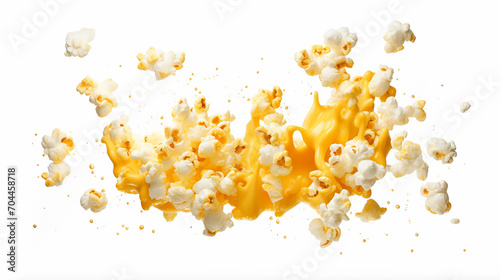 white background with falling popcorn isolated photo
