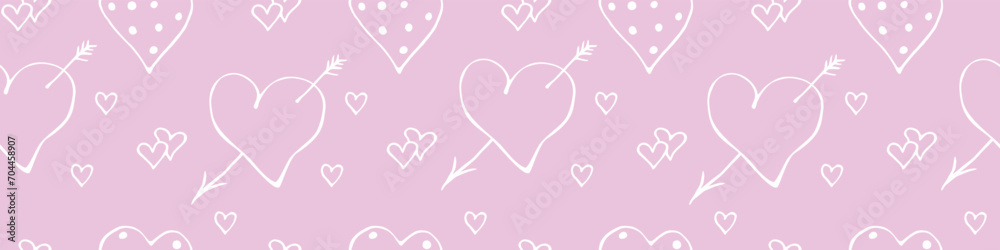Vector pink seamless pattern of different hearts with arrow, points, double. Hand drawn texture, background for wrapping paper, greeting card, Valentine's day, wedding, declaration of love