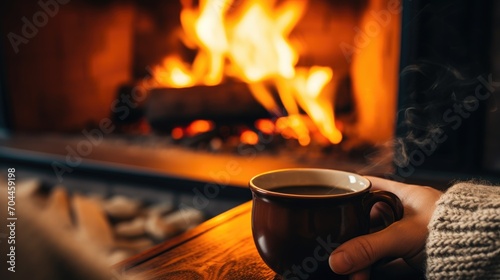 Mug of hot tea in cozy living room with fireplace on a chair with blanket