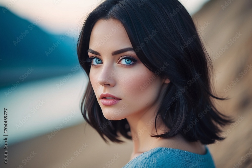 Enigmatic Charm: Mesmerizing Woman with Dark Hair and Piercing Light Eyes Enigmatic Charm: Mesmerizing Woman with Dark Hair and Piercing Light Eyes