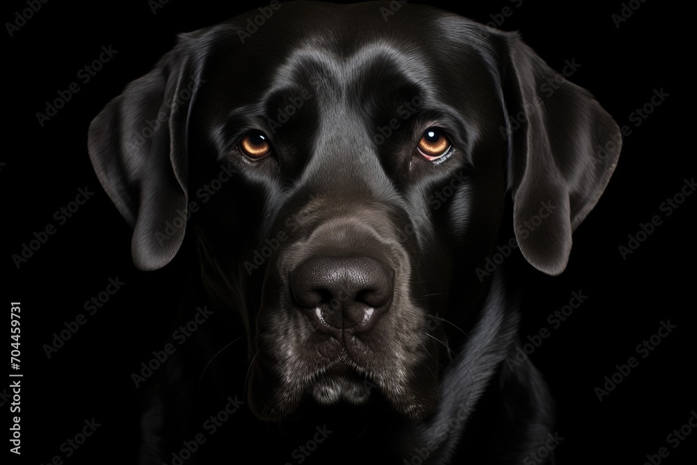This captivating image presents a close-up portrait of a black Labrador Retriever centered against a black background, accentuating its shiny coat and soulful amber eyes. The play of light and shadow