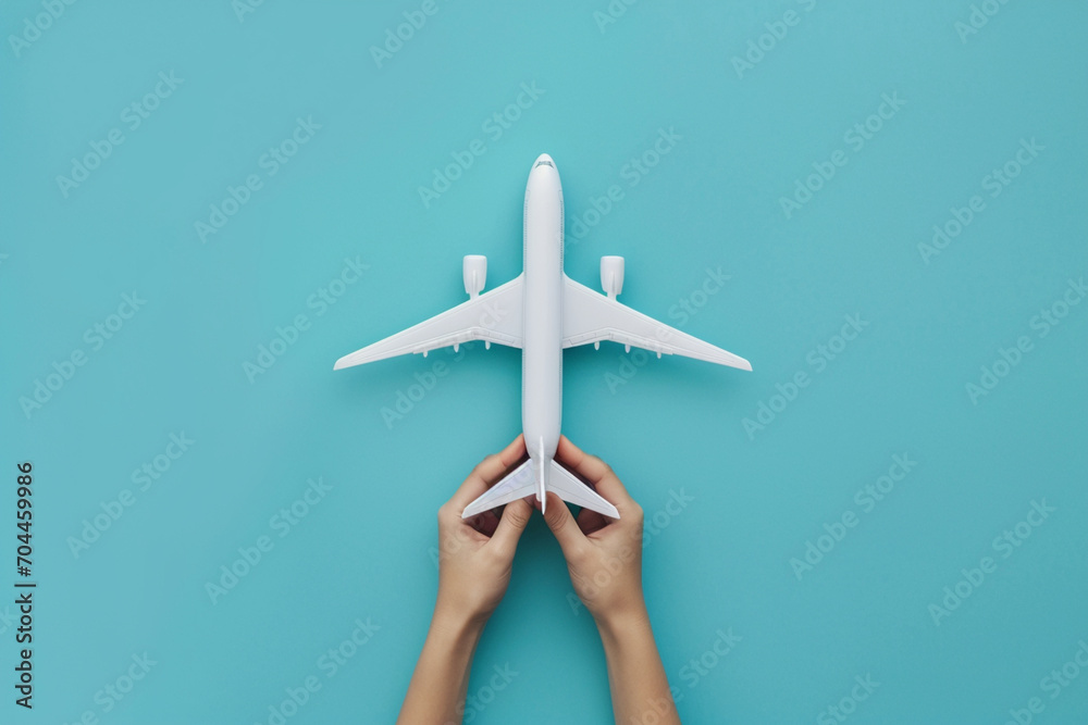 The image describes a minimalistic scene of a hand holding a white toy plane on a blue background, captured from a top-down perspective. This minimalist and sleek flat lay design features a white airp The image describes a minimalistic scene of a hand holding a white toy plane on a blue background, captured from a top-down perspective. This minimalist and sleek flat lay design features a white airp