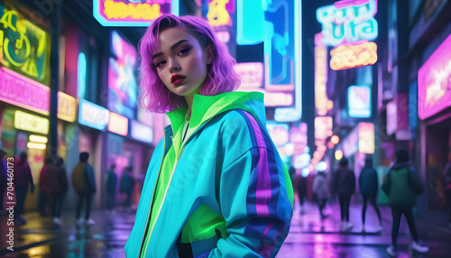 80s-style character in city: neon lights, vibrant outfit, retro vibes. Ai generation