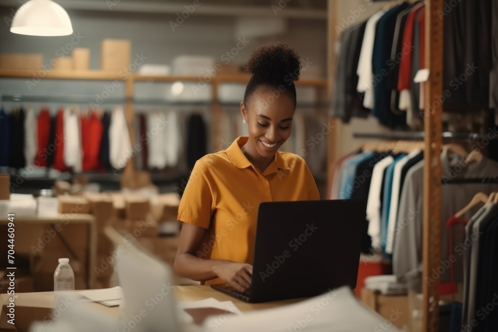 Obraz premium Portrait of young african american woman using laptop in clothing store