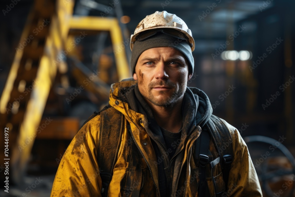 Portrait of a construction worker on the background of a bulldozer Portrait of a construction worker on the background of a bulldozer