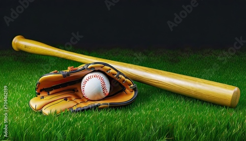 baseball bat leather glove and ball on green grass against dark background closeup
