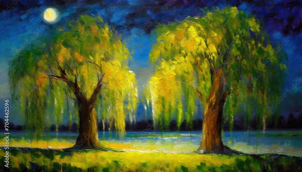 digital oil painting of two weeping willow trees at night impressionism impasto printable square wall art