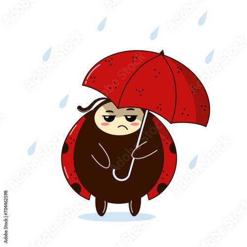 Sad ladybug with umbrella in the rain. Drawn in cartoon style. Vector illustration for designs, prints and patterns, wall art, card, poster. Isolated on white background