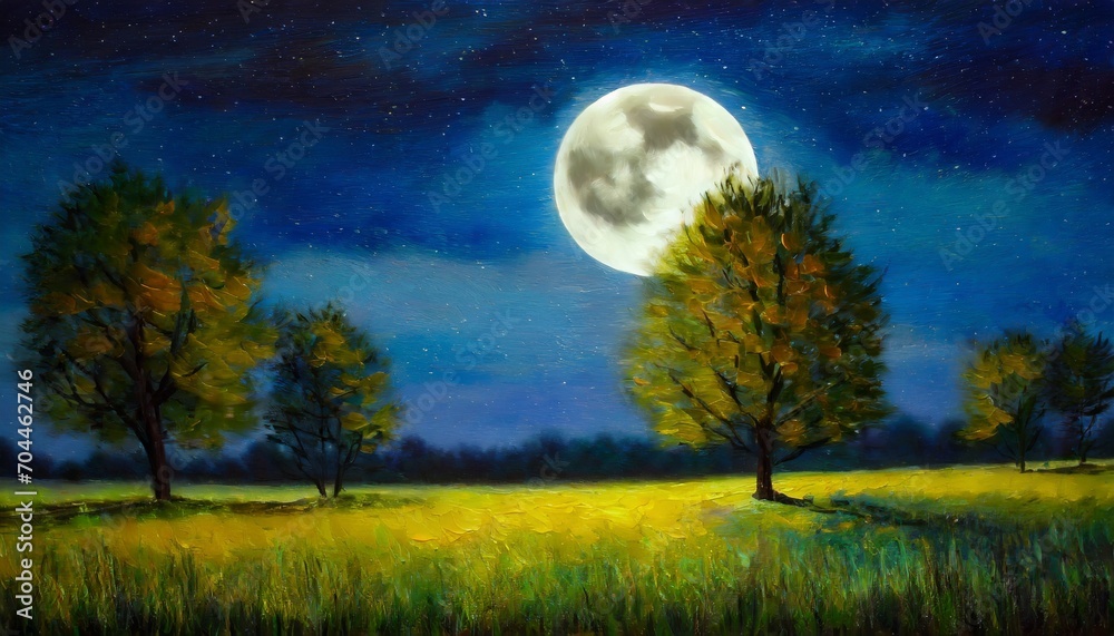 digital oil painting of trees on a meadow at night under a full moon impressionism impasto printable square wall art