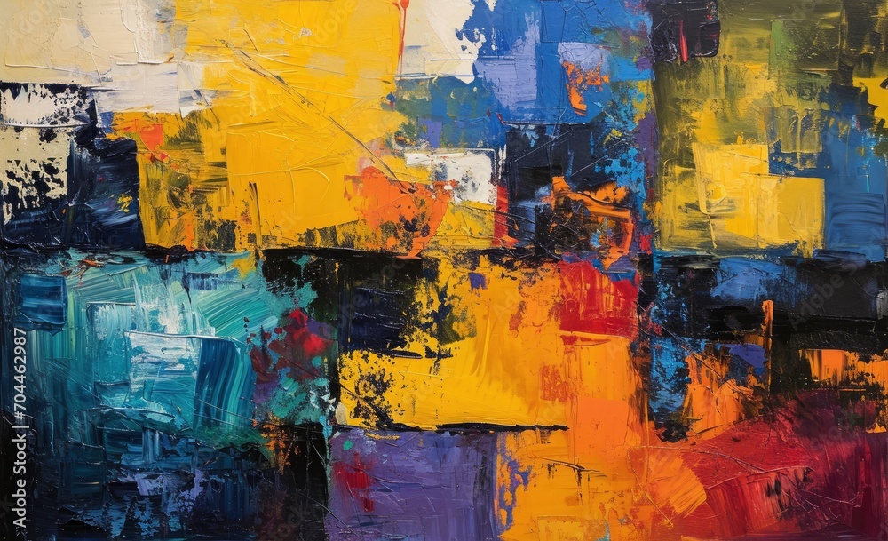 Abstract Painting with a Canvas Alive in Various Colors, Featuring a Playful Dance of Yellow and Blue Tones