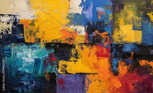 Abstract Painting with a Canvas Alive in Various Colors  Featuring a Playful Dance of Yellow and Blue Tones