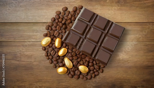 coffee beans and dark chocolate with golden almonds on wooden background