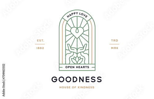 Goodness heart heads Label. Minimalist line art logo template. Simple modern design line graphic goodness heart hands badge. Symbol line icon goodness heart hands sign. Vector Illustration